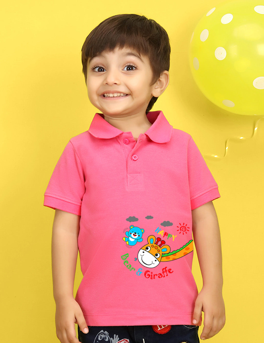 Nusyl Bear & Giraffe Printed Bubblegum Pink Infants Polo T-shirt