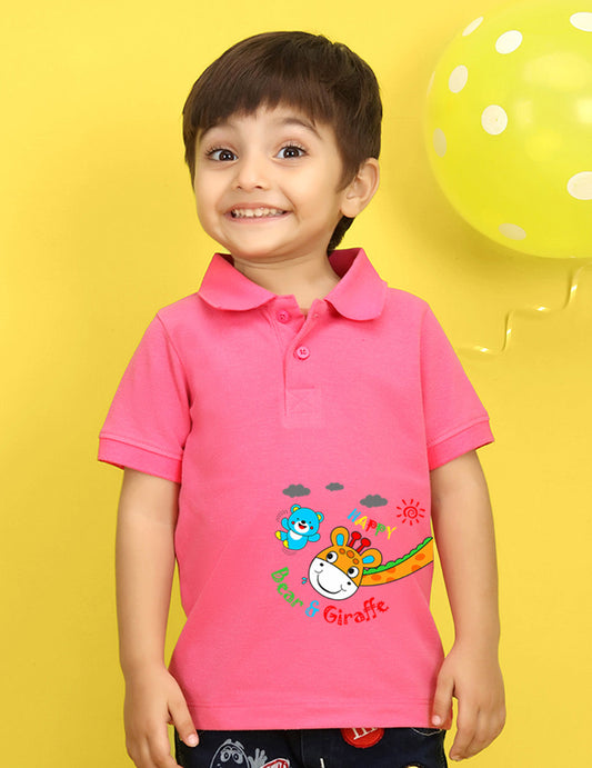 Nusyl Bear & Giraffe Printed Bubblegum Pink Infants Polo T-shirt