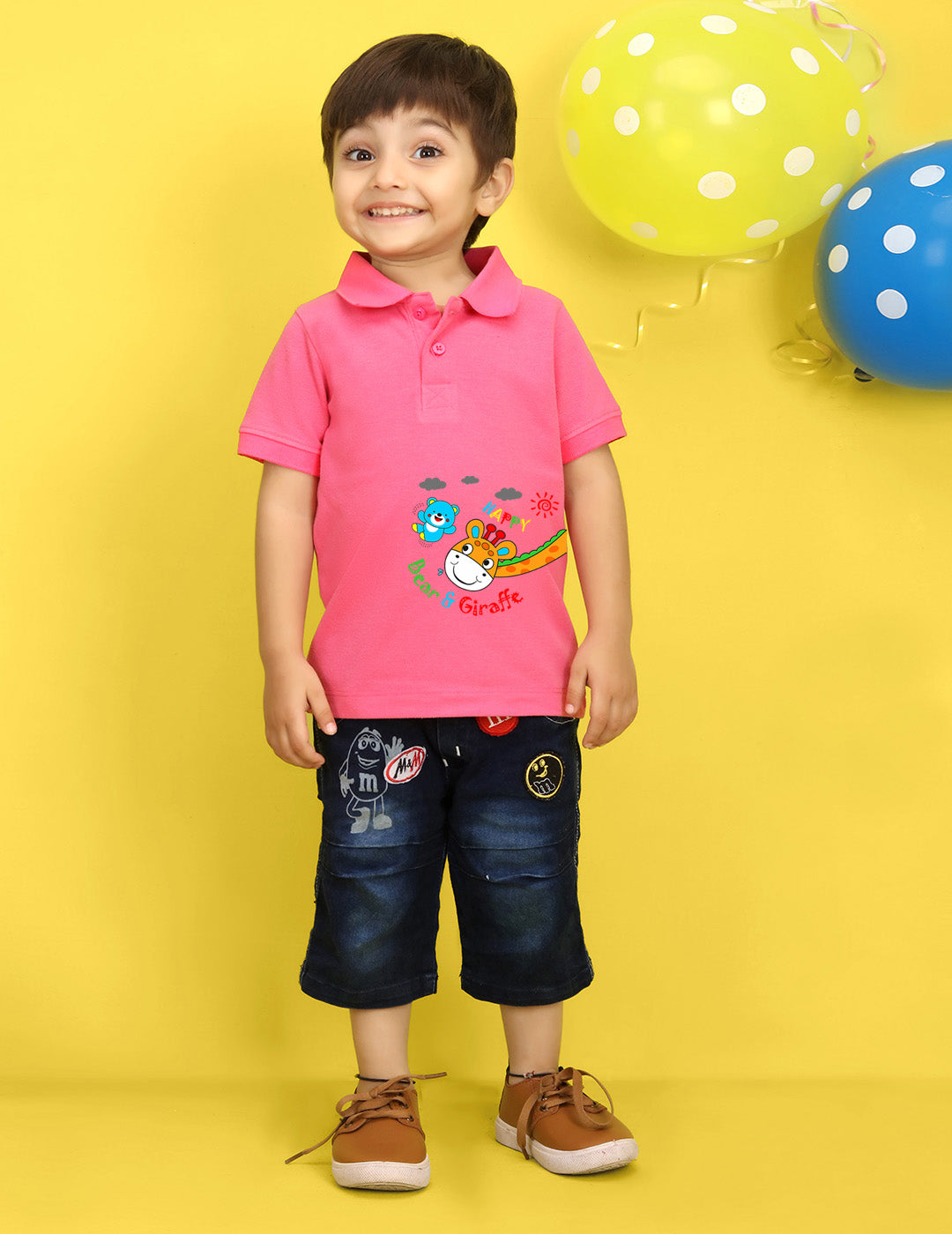 Nusyl Bear & Giraffe Printed Bubblegum Pink Infants Polo T-shirt