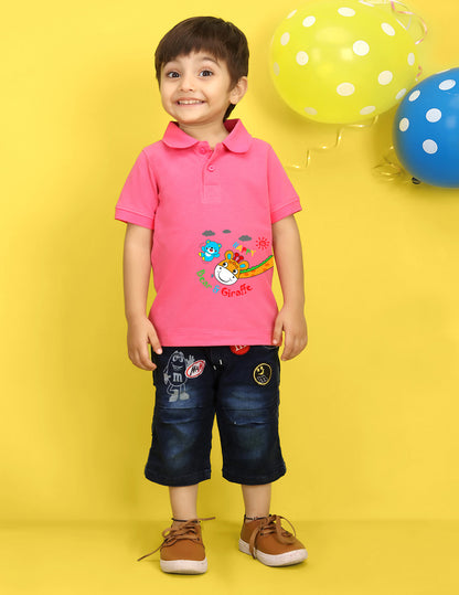 Nusyl Bear & Giraffe Printed Bubblegum Pink Infants Polo T-shirt