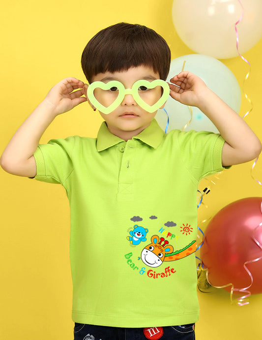 Nusyl Bear & Giraffe Printed Lime Green Infants Polo T-shirt