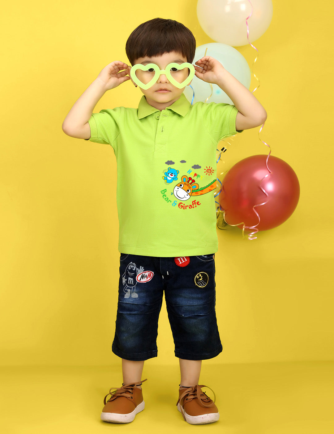 Nusyl Bear & Giraffe Printed Lime Green Infants Polo T-shirt