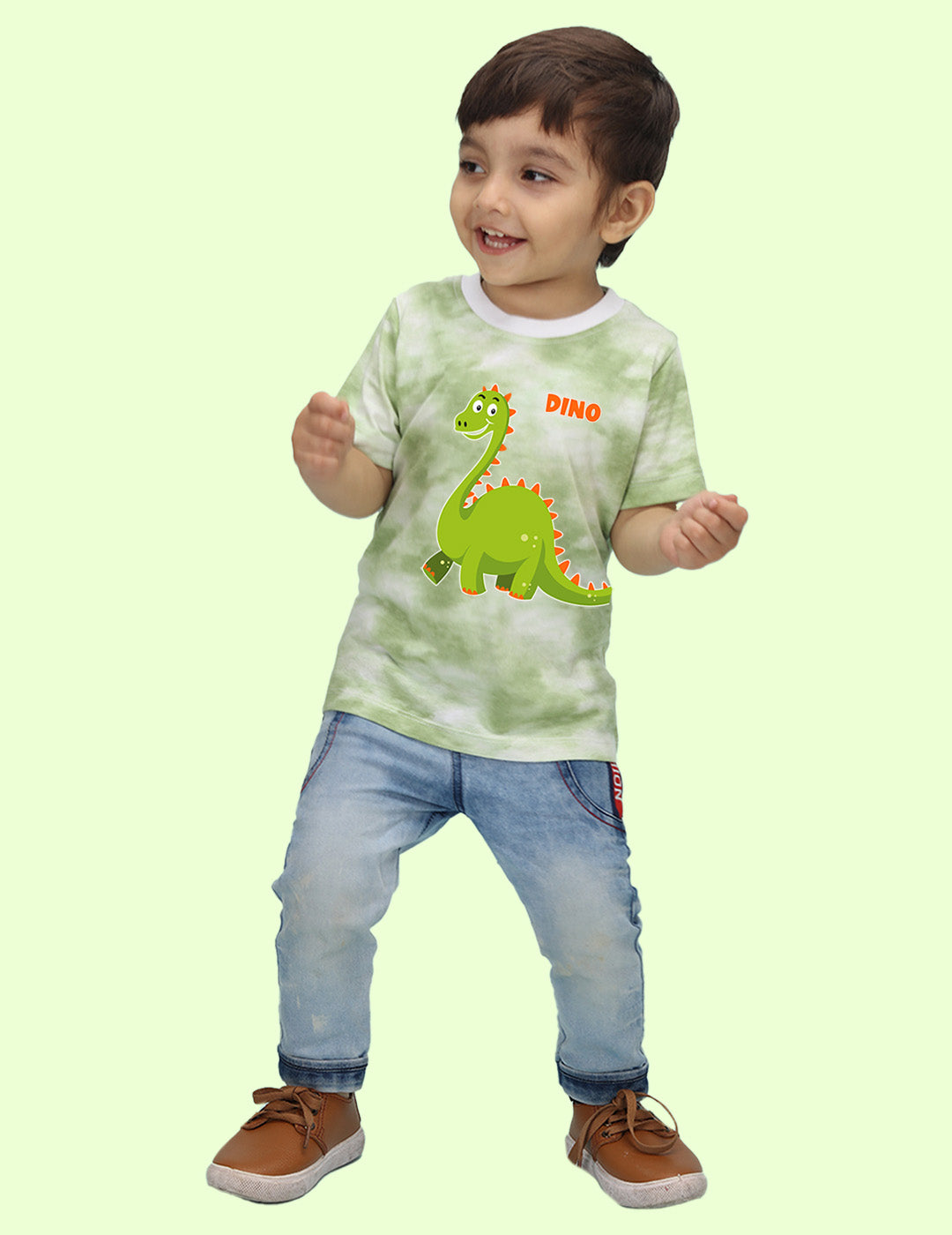 Nusyl infants green dino printed Tie & Dye tshirt.