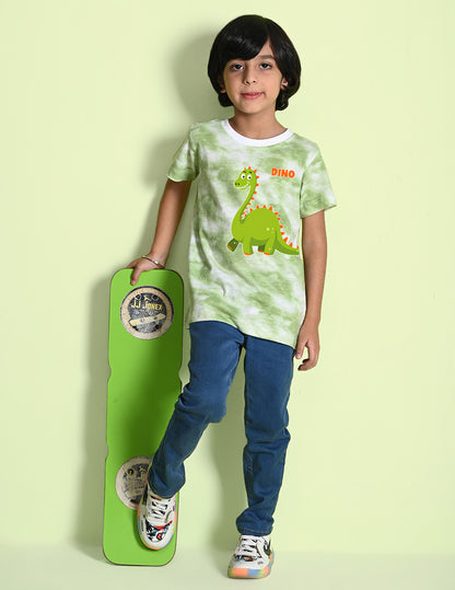 Nusyl boys dinosaur printed green tie & dye t-shirt