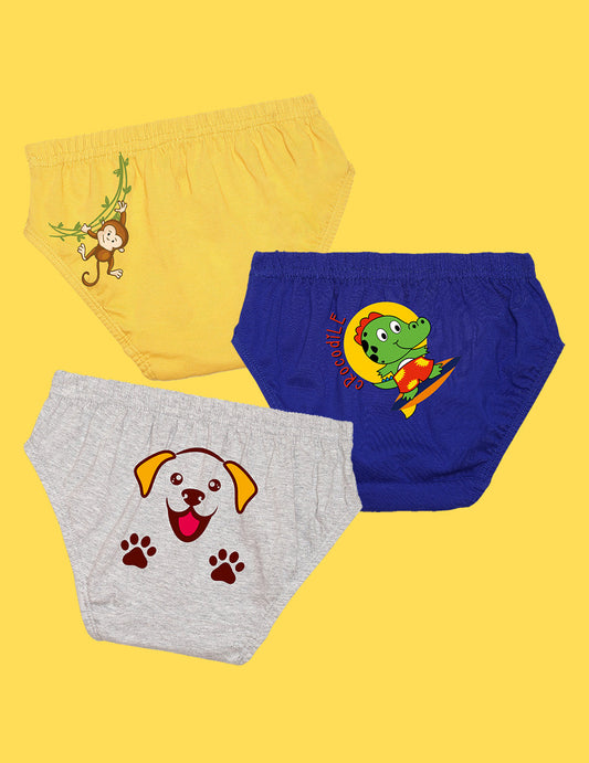 Nusyl Boys printed briefs combo-pack of 3  (Yellow,Royal Blue,Grey)