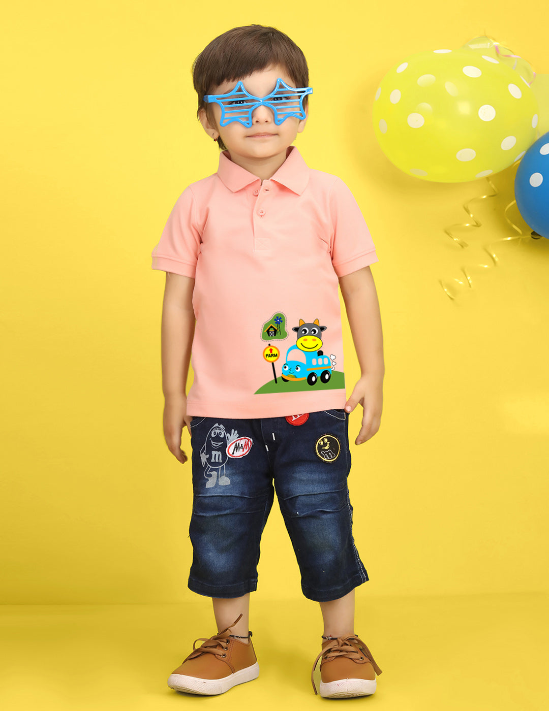 Nusyl Car Printed Peach Infants Polo T-shirt