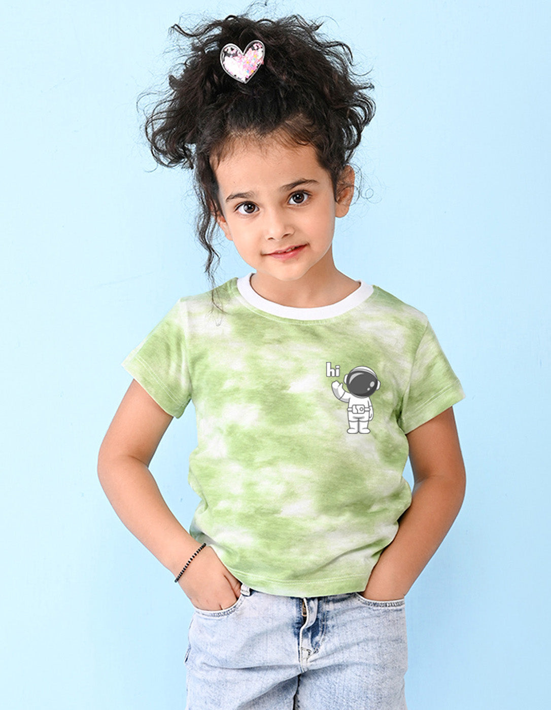 Nusyl girls green auts astronaut printed tie & dye tshirt.